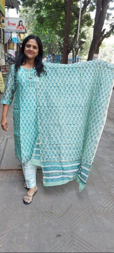 Pista Green Block Printed Chanderi Cotton Full Suit with Dupatta