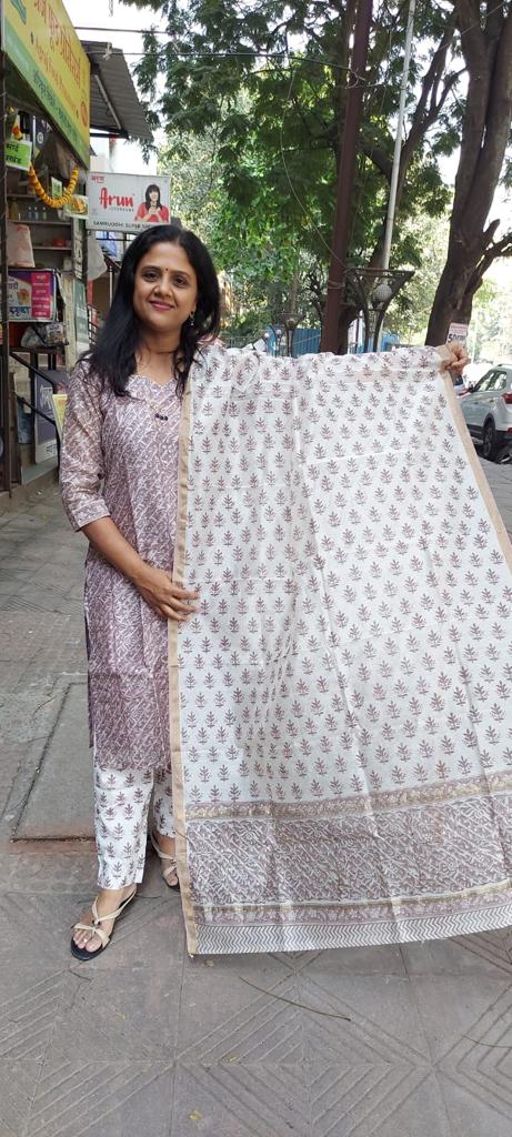 Coffee Block Printed Chanderi Cotton Full Suit with Dupatta