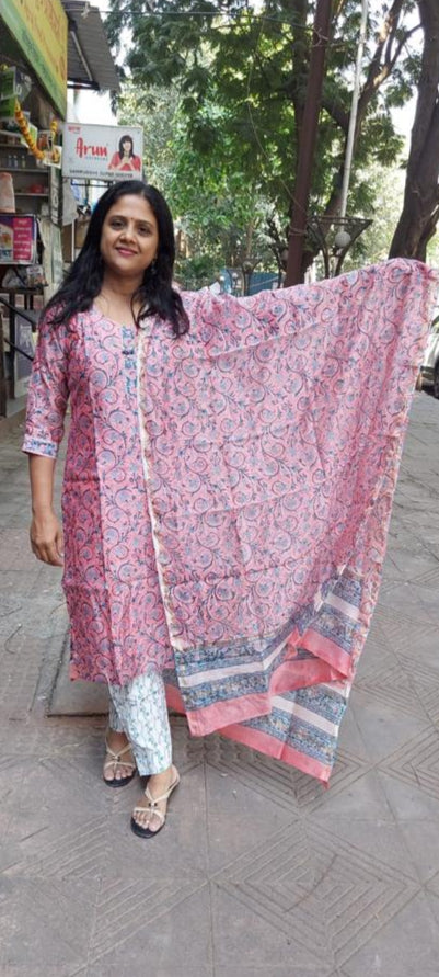 Pink Block Printed Chanderi Cotton Full Suit with Dupatta