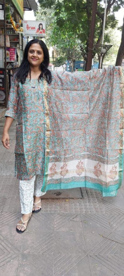 Sea Green  Block Printed Maheshwari Full Suit with Dupatta
