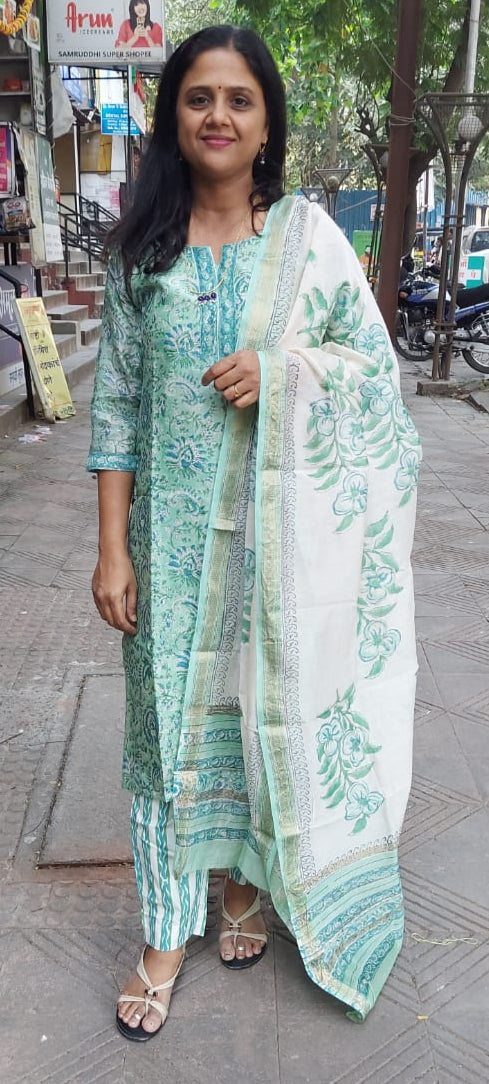 Pista Green Block Printed Maheshwari Full Suit with Dupatta