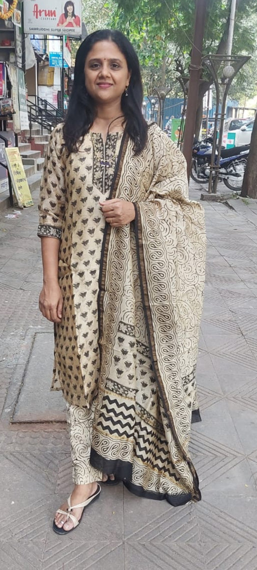 Off White  Block Printed Chanderi Cotton Full Suit with Dupatta
