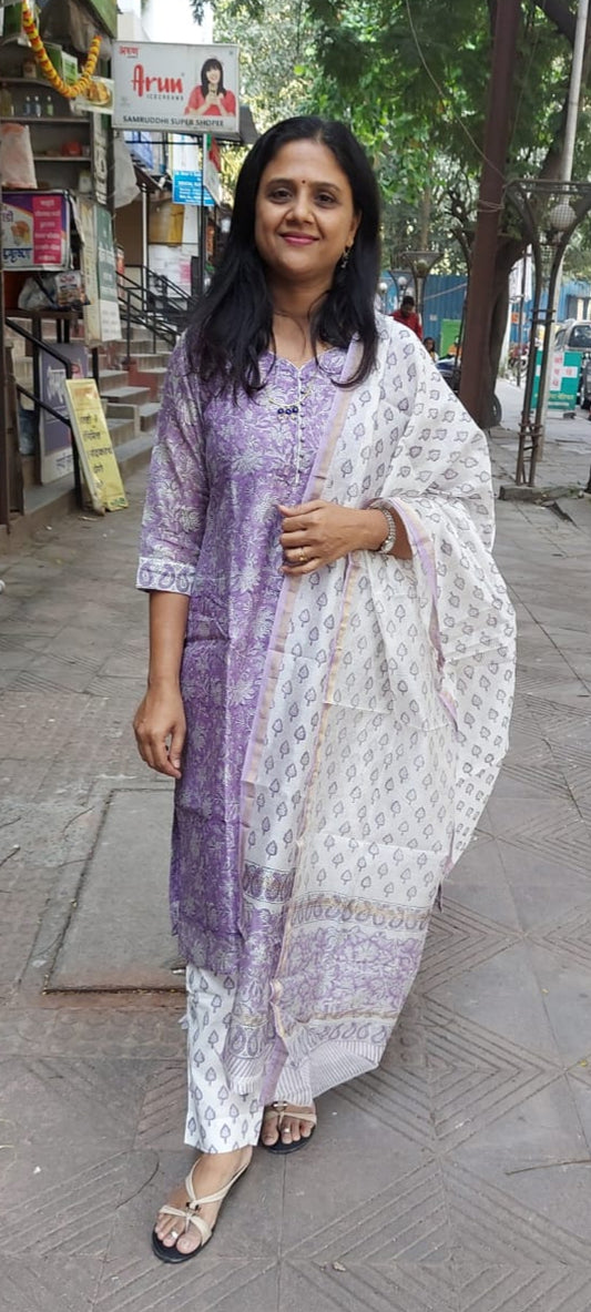 Lavender Block Printed Chanderi Cotton Full Suit with Dupatta