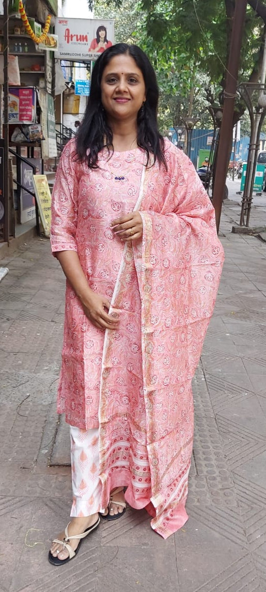 Pink Block Printed Maheshwari Full Suit with Dupatta