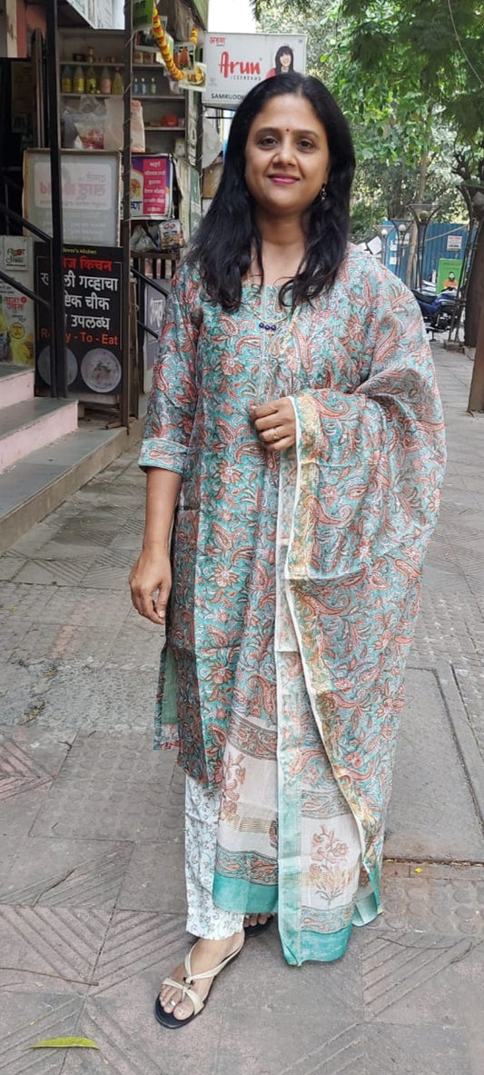Sea Green  Block Printed Maheshwari Full Suit with Dupatta