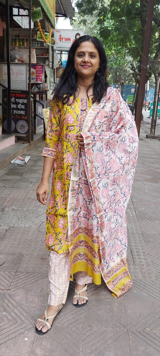 Yellow Block Printed Maheshwari Full Suit with Dupatta