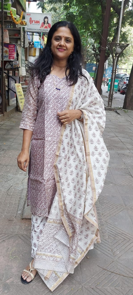Coffee Block Printed Chanderi Cotton Full Suit with Dupatta
