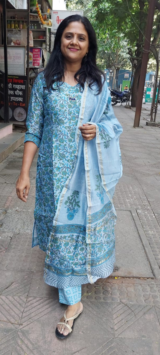 Blue Gray Block Printed Chanderi Cotton Full Suit with Dupatta