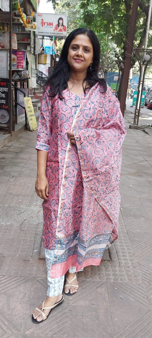 Pink Block Printed Chanderi Cotton Full Suit with Dupatta
