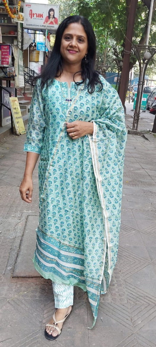 Pista Green Block Printed Chanderi Cotton Full Suit with Dupatta