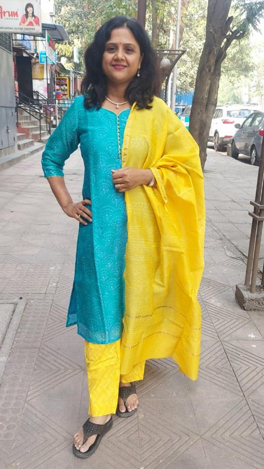 Sea Green Block Printed Chanderi Cotton Full Suit with Dupatta