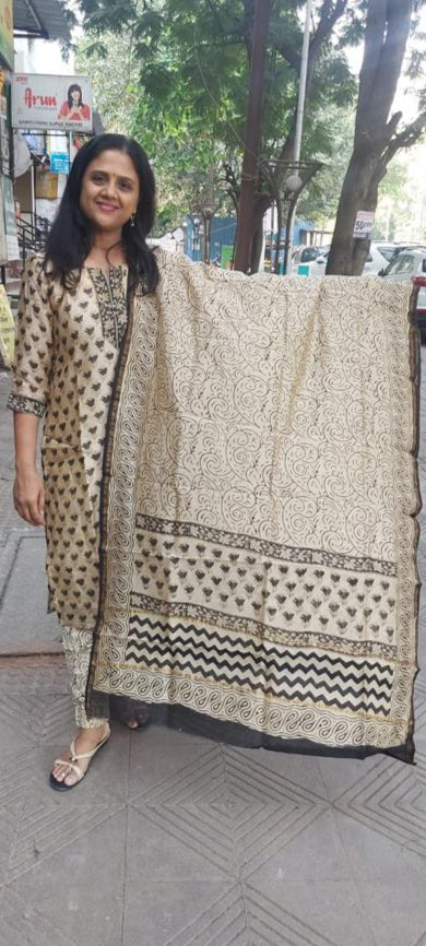 Off White  Block Printed Chanderi Cotton Full Suit with Dupatta