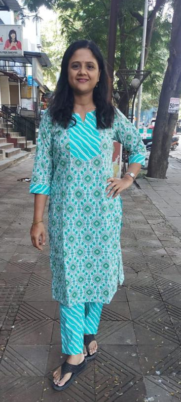 Pista Green  Pure Cotton Printed Kurta With Pant Full Suit