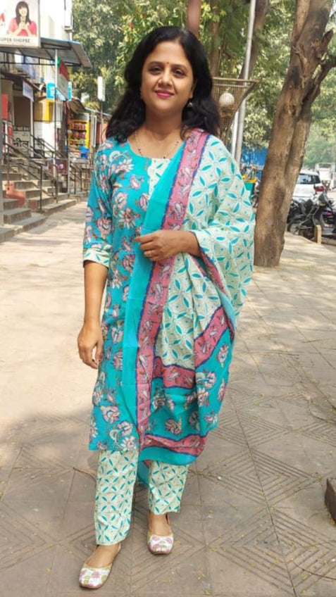 Sea Green Pure Cotton Printed Full Suit With Dupatta