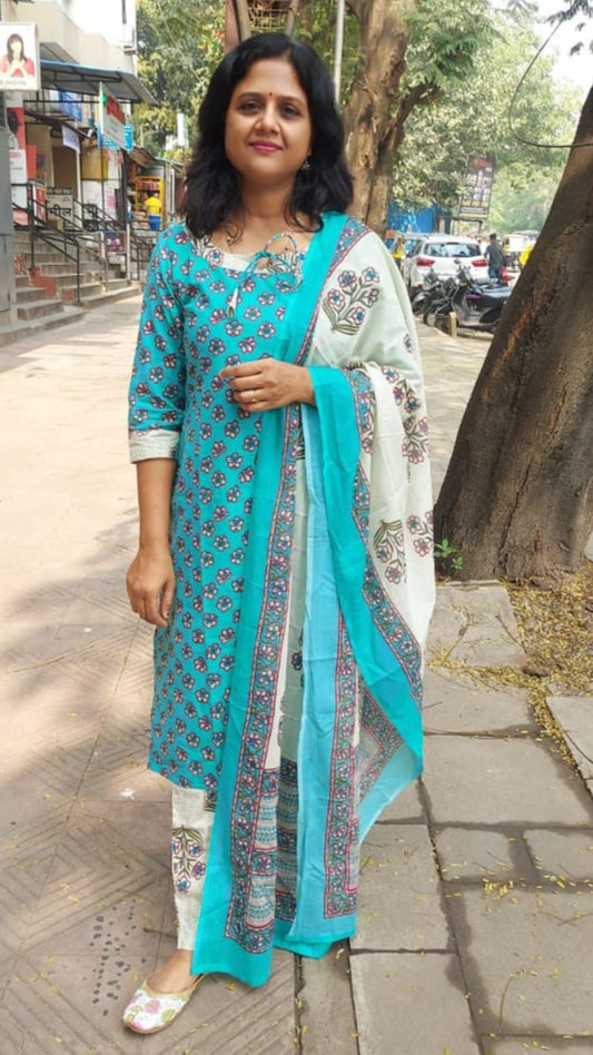 Sea Green Pure Cotton Printed Full Suit With Dupatta