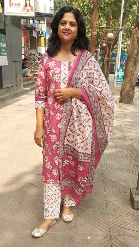Pink Pure Cotton Printed Full Suit With Dupatta