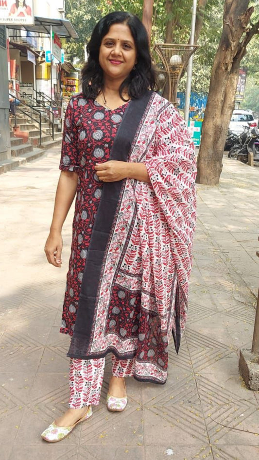 Black Pure Cotton Printed Full Suit With Dupatta