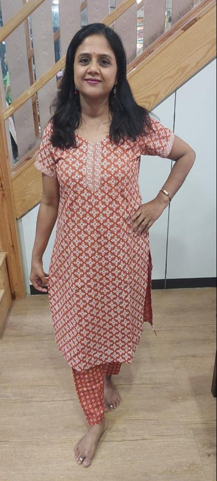 Brick Red  Pure Cotton Kurta With Pant