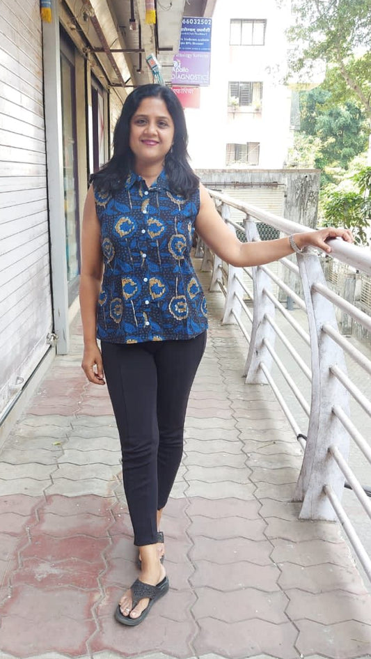 Indigo Pure Cotton Sleeveless Shirt
