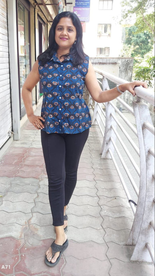 Indigo Pure Cotton Sleeveless Shirt