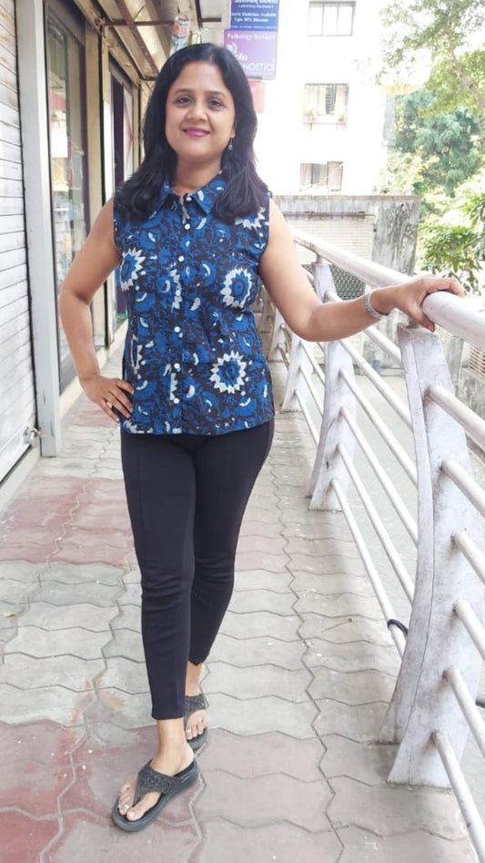 Indigo Pure Cotton Sleeveless Shirt