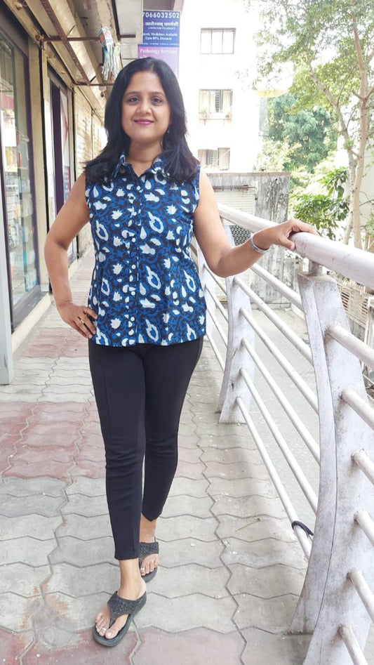 Indigo Pure Cotton Sleeveless Shirt