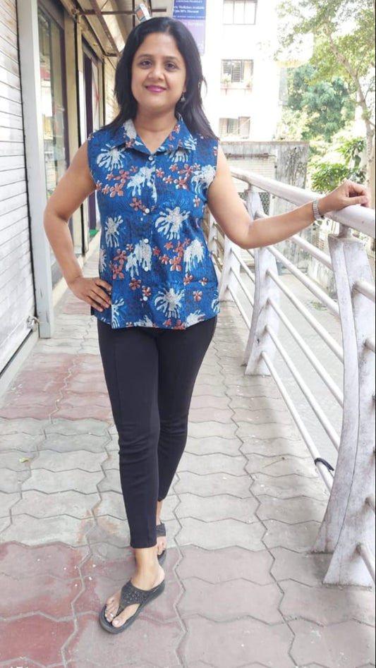 Indigo Pure Cotton Sleeveless Shirt