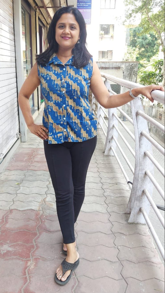Indigo Pure Cotton Sleeveless Shirt