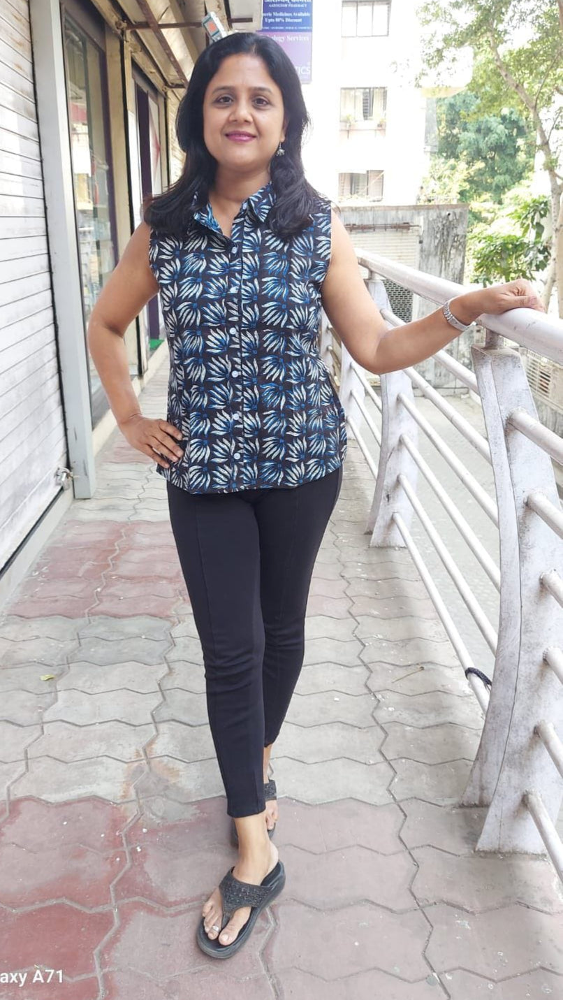 Indigo Pure Cotton Sleeveless Shirt