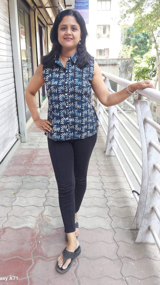 Indigo Pure Cotton Sleeveless Shirt