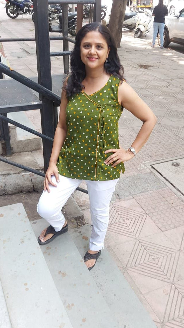 Mehendi Green  Bandhani Sleeveless Angarkha Top