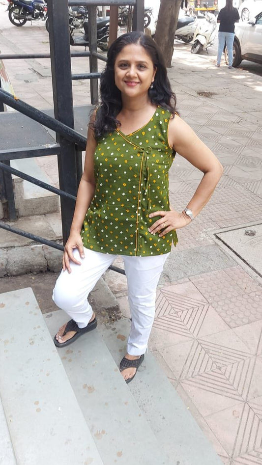 Mehendi Green  Bandhani Sleeveless Angarkha Top