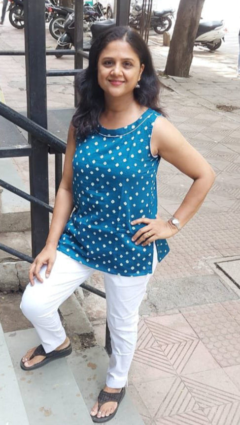 Teal Blue Bandhani Sleeveless Boat Top