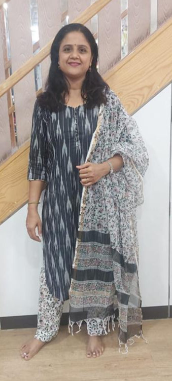 Black Handloom Ikkat Cotton Full Suit with Dupatta