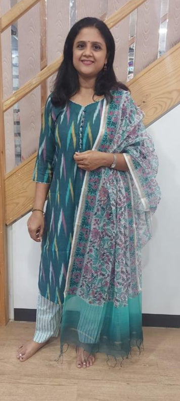 Green Handloom Ikkat Cotton Full Suit with Dupatta
