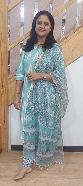 Pista Green Handloom Ikkat Cotton Full Suit with Dupatta