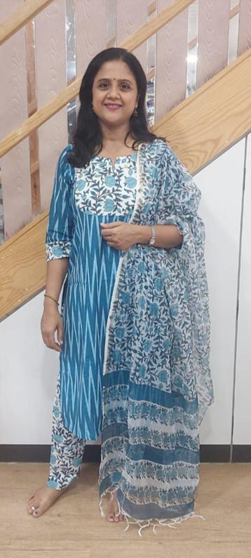 Teal Blue Handloom Ikkat Cotton Full Suit with Dupatta