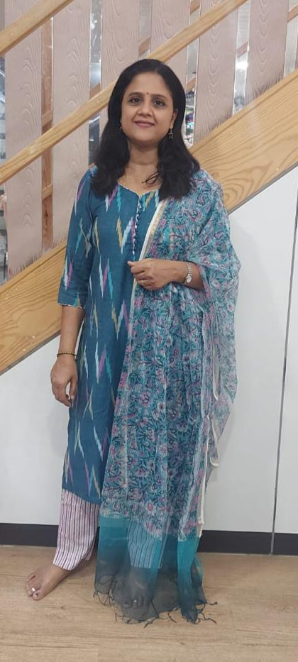 Peacock Blue  Handloom Ikkat Cotton Full Suit with Dupatta