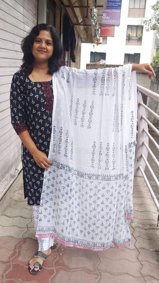Black Pure Hand Block Printed Cotton Full Suit With Dupatta