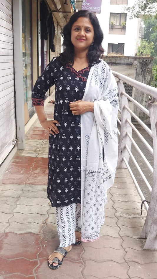 Black Pure Hand Block Printed Cotton Full Suit With Dupatta