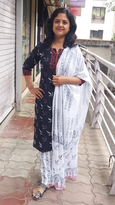 Black Pure Hand Block Printed Cotton Full Suit With Dupatta