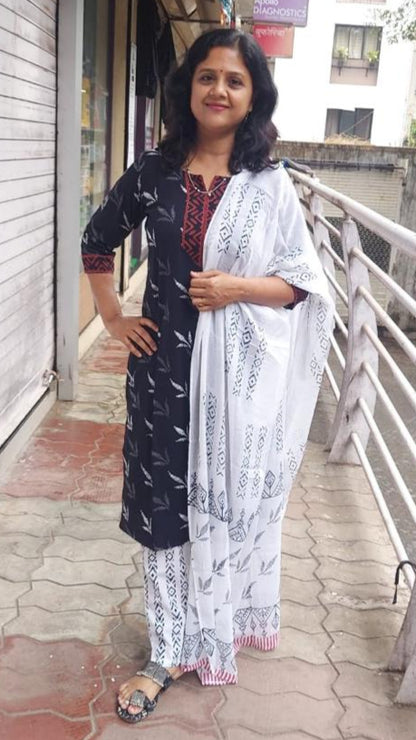 Black Pure Hand Block Printed Cotton Full Suit With Dupatta