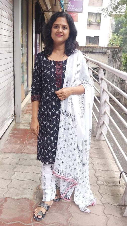Black Pure Hand Block Printed Cotton Full Suit With Dupatta