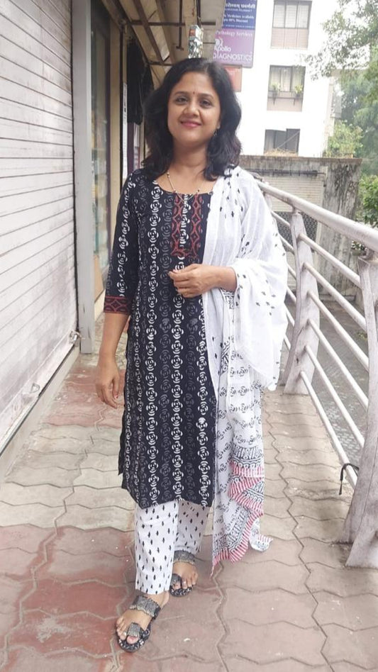 Black Pure Hand Block Printed Cotton Full Suit With Dupatta