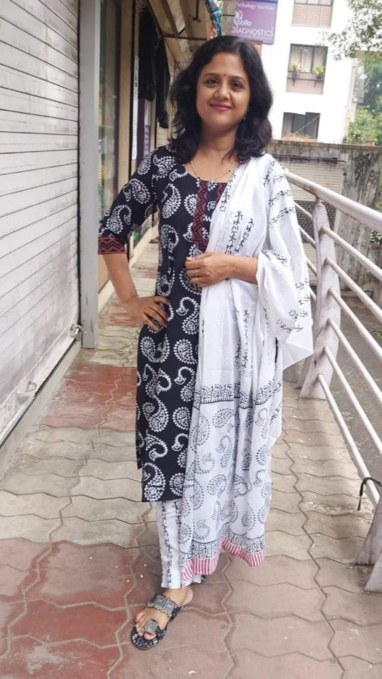Black Pure Hand Block Printed Cotton Full Suit With Dupatta