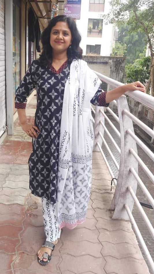 Black Pure Hand Block Printed Cotton Full Suit With Dupatta