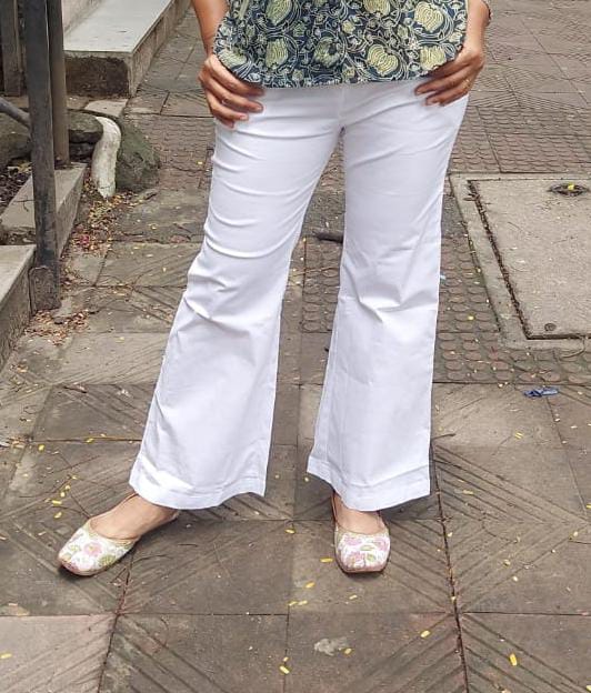 White  Cotton Lycra Bell Bottoms stretchable Pant