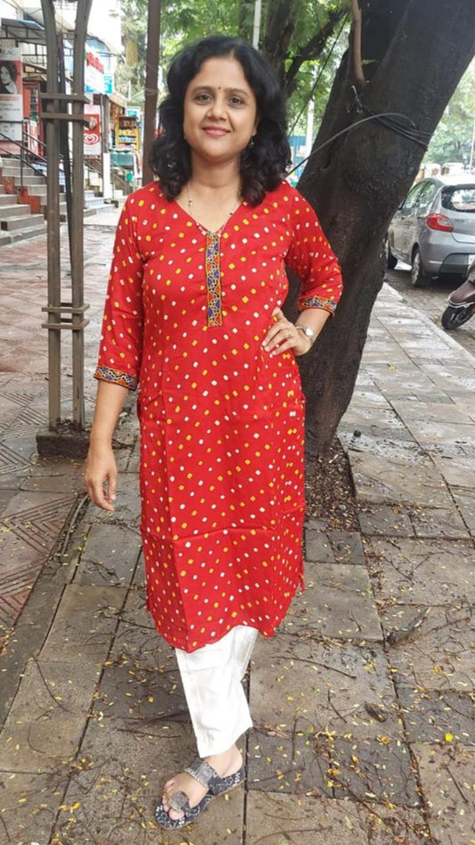 Red Modal Silk Bandhani Kurta