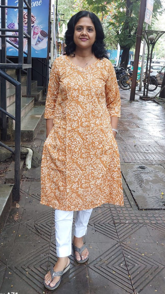 Mustard Yellow Kantha Cotton Kurta