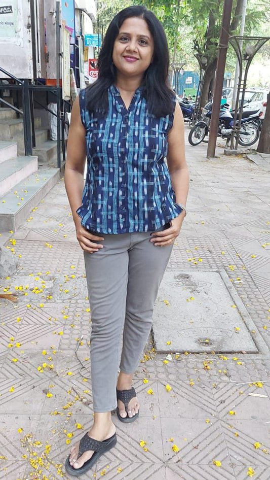 Nevy Blue Cotton Ikat Short Top